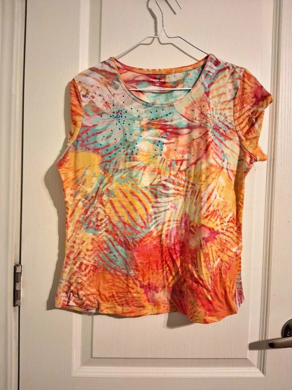 Allison Daley Abstract Short Sleeve Top in Orange & Blue Petite Small